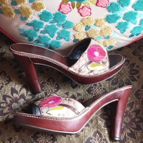 Vtg COACH POPPYS for PEACE Flowers MULES Leather Suede Applique Clogs Heels 8.5m - Picture 16 of 16